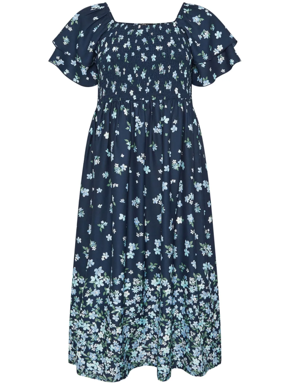 Yours Marineblauwe Maxijurk Met Bloemenprint En Smokwerk, foto 5