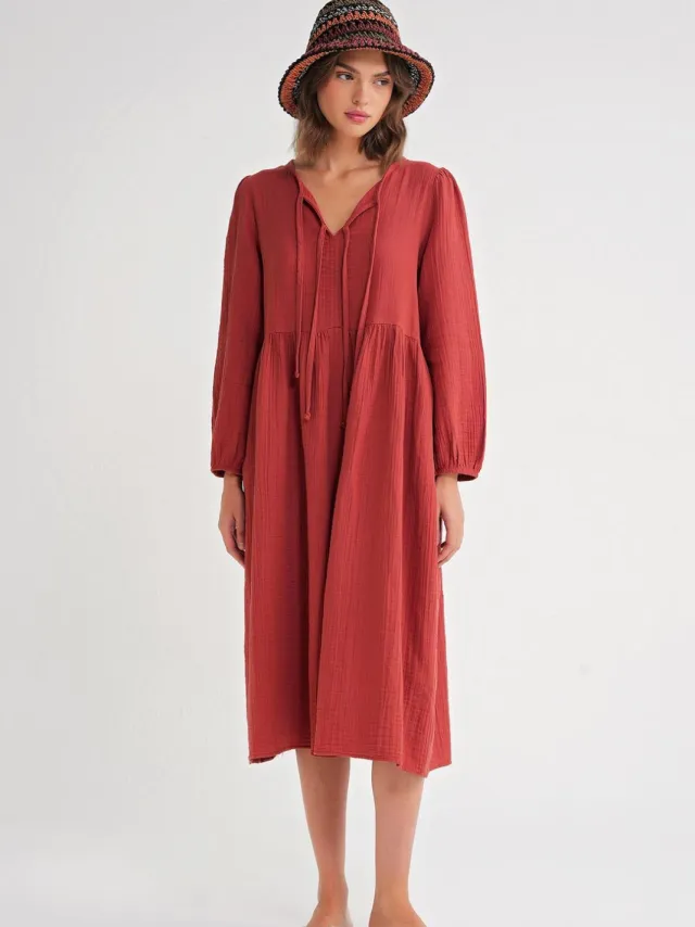 Mixray V-hals Midi-jurk met striksluiting Donkerrood
