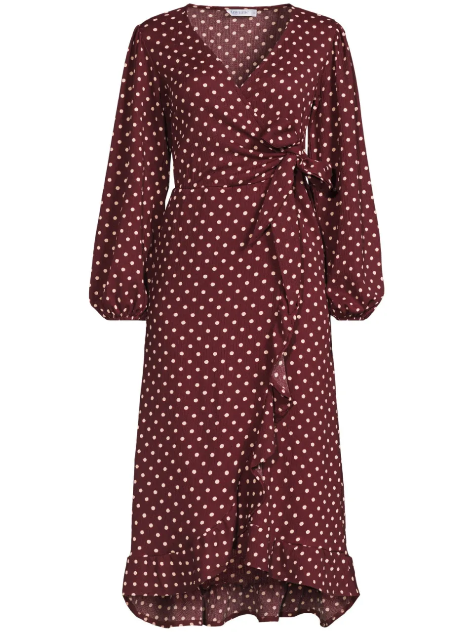 Anytime crinkle overslagjurk met polkadotprint bordeauxrood/roze, foto 2