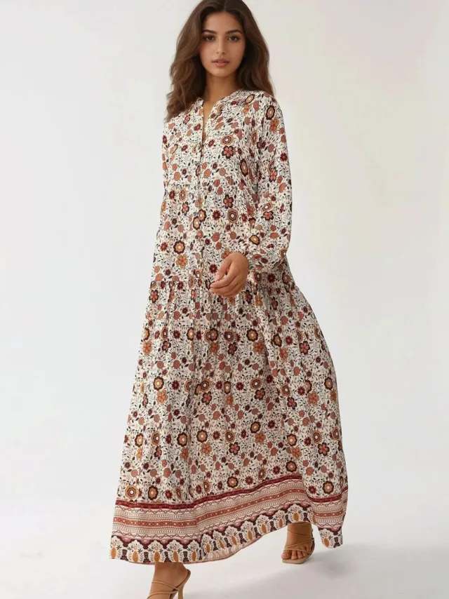 Hiccup Geprinte V-hals Maxi-jurk met Knopen Veelkleurig