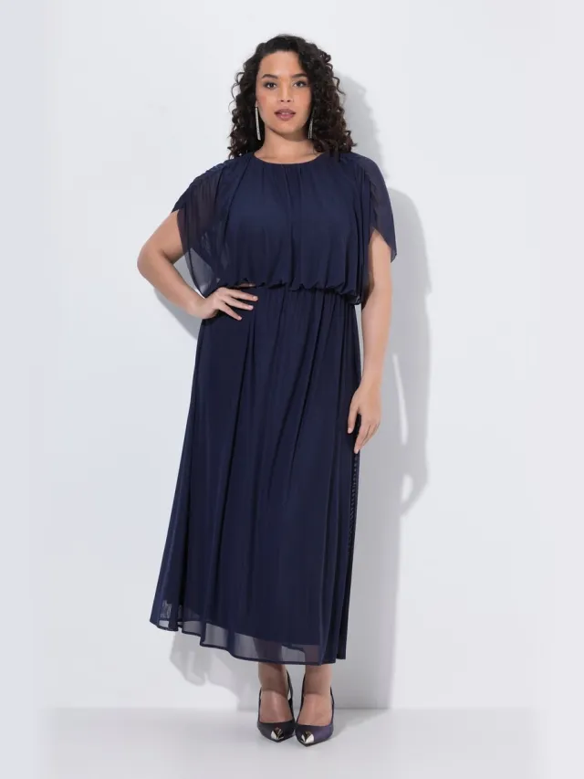 Ulla Popken Dames - Maxi-jurk ballonmodel bovenstuk ronde hals mouwloos - Marine - Maat 46+