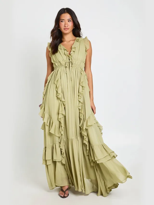 boohoo Dames Chiffon Maxi Jurk Met Zwierige Ruches Verstandig
