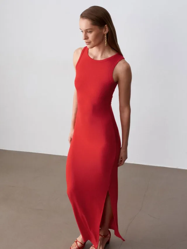 Dilvin Geribbeld Mouwloos Bodycon Maxi Jurk Rood
