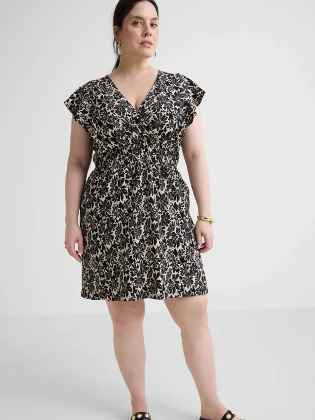 GREAT LOOKS crinkle jurk met bloemenprint Off-white/zwart