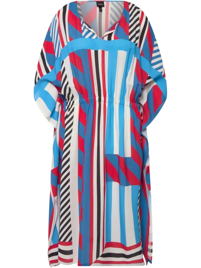 Ulla Popken Dames - midi jurk grafisch oversized ronde hals korte mouwen - Salsarood - Maat 54+