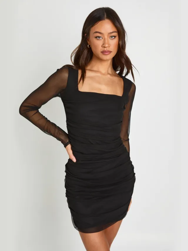 boohoo Dames Lange Mesh Jurk Met Vierkante Hals En Plooien Mini Zwart