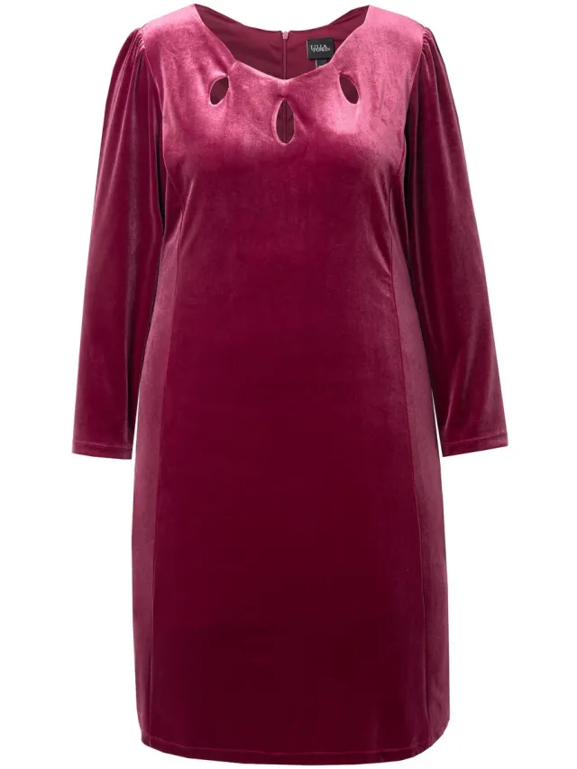 Ulla Popken Dames - Bodycon-jurk fluweel cut-outs lange mouwen - Donker kersenrood