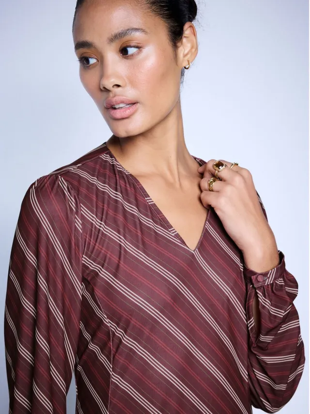 Next Dames - Mini-jurkje met lange mouwen en V-hals - Rood Burgundy Red Stripe
