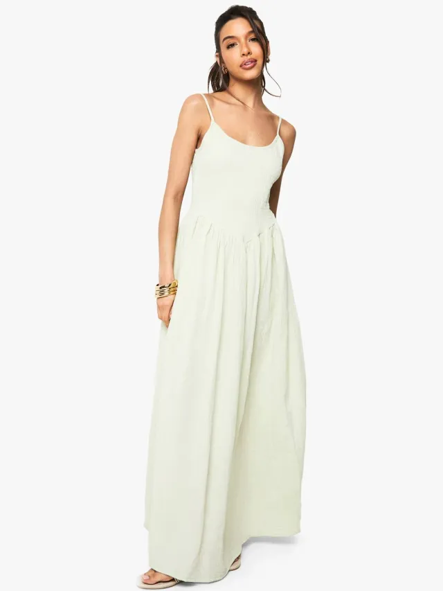 boohoo Dames Gerimpelde katoenen geraffelde maxi-jurk met bandjes Mint