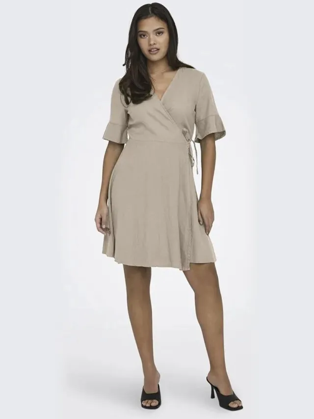 Only Addiction-caro Korte Mouwen Korte Jurk Beige M Vrouw Oxford Tan