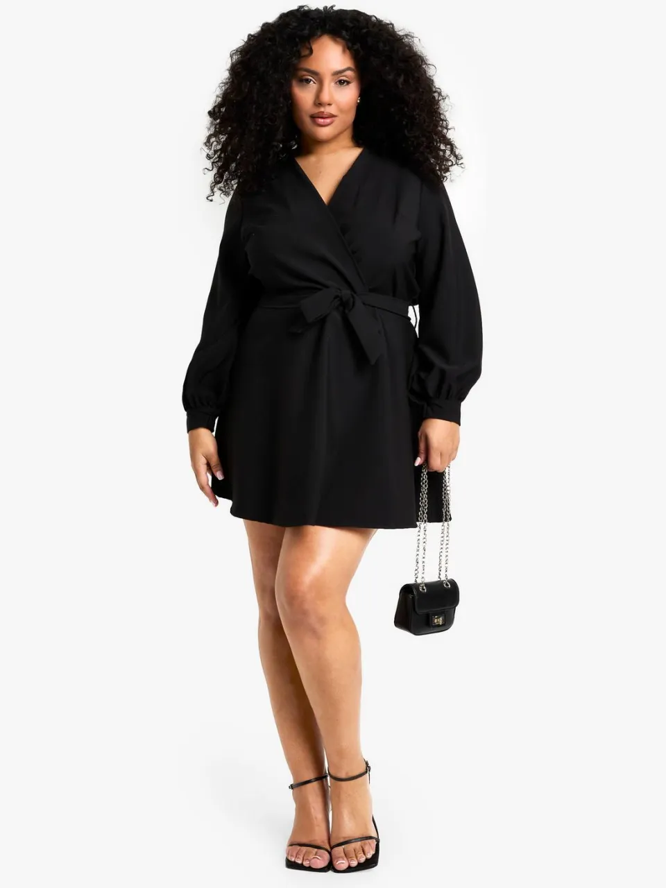 boohoo Dames plus blouson mouw mini wrapjurk zwart, foto 3