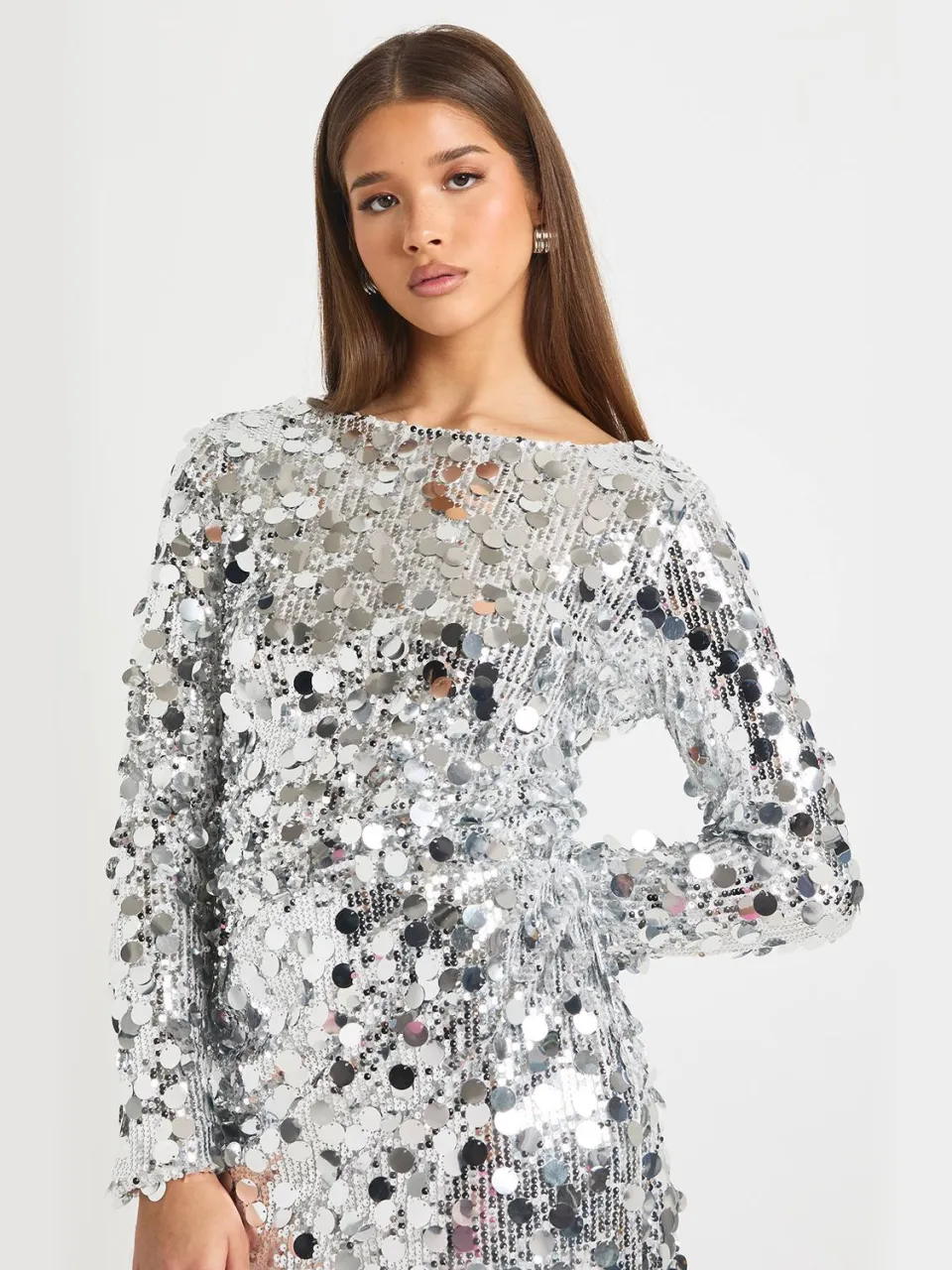 boohoo Dames Disc Sequin Blouson Shift Jurk zilver, foto 4
