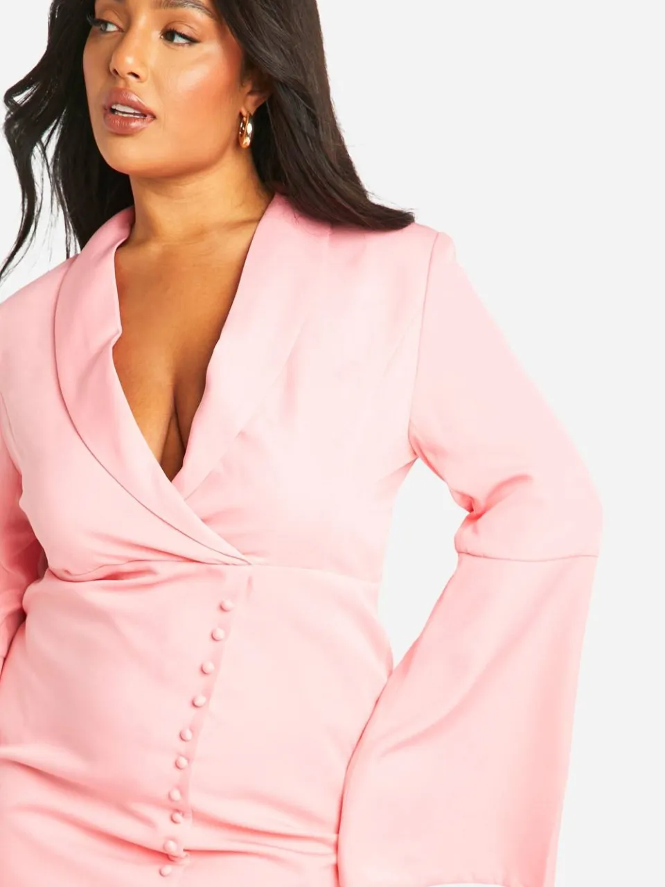 boohoo Dames Plus Zelfstof Flare Mouw Blazerjurk baby roze, foto 4