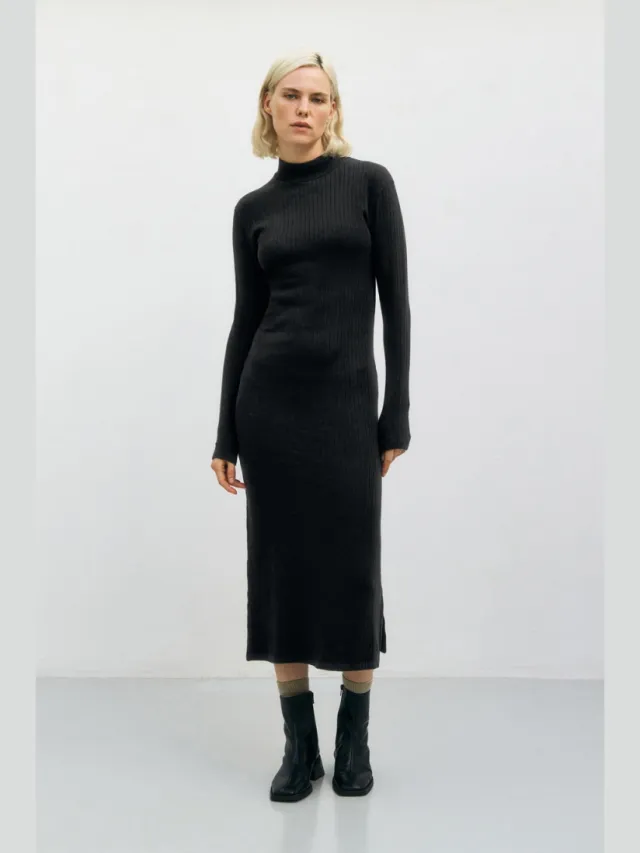 Rotholz dames vegan Jurk Mockneck Ribbed Zwart