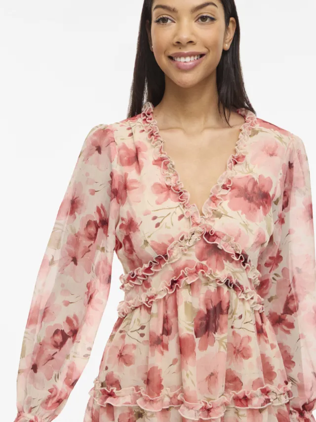 Vila mini jurk met ruches en bloemenprint ecru/ roze, foto 4