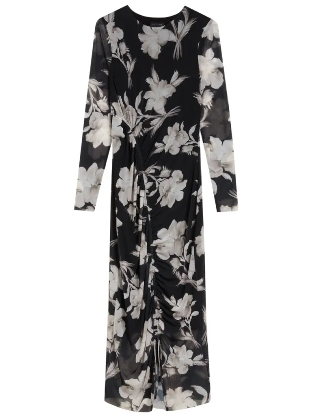 Ted Baker Marliyy Bodycon Jurk Met Print En Mesh En Plooien, Zwart