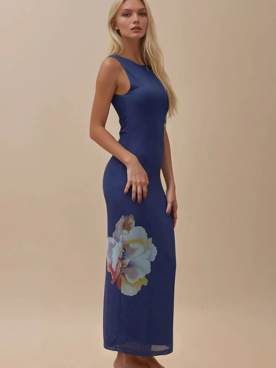 Hiccup Bloemrijk Crew Neck Bodycon Jurk marineblauw, foto 2