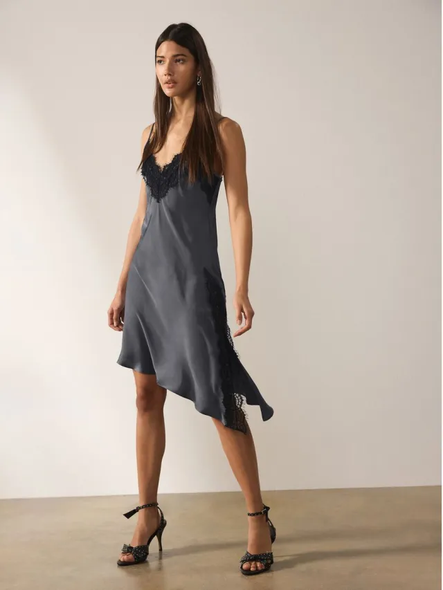 Next Dames - Asymmetrische cami-mini-jurk met kanten afwerking en bandjes - Grijs Grey
