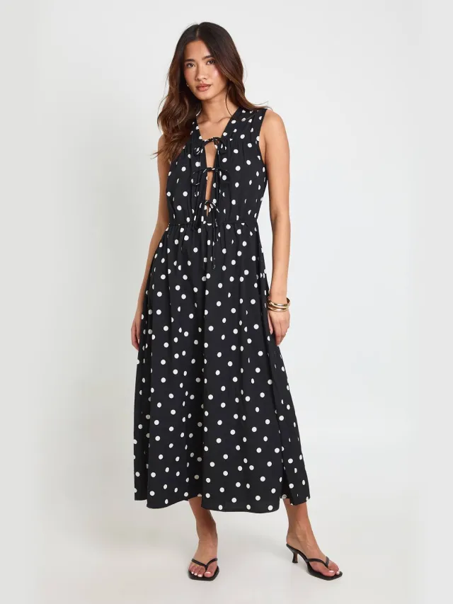 boohoo Dames Polkadot Jurk Met Strikdetail Vooraan Midaxi-lengte Zwart
