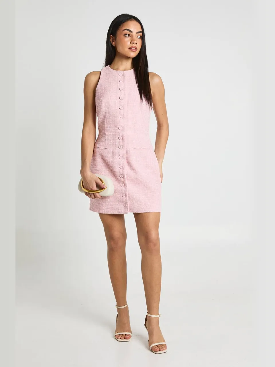 boohoo Dames Boucle Mini-jurk Met Knoopsluiting En Getailleerde Pasvorm baby roze, foto 3