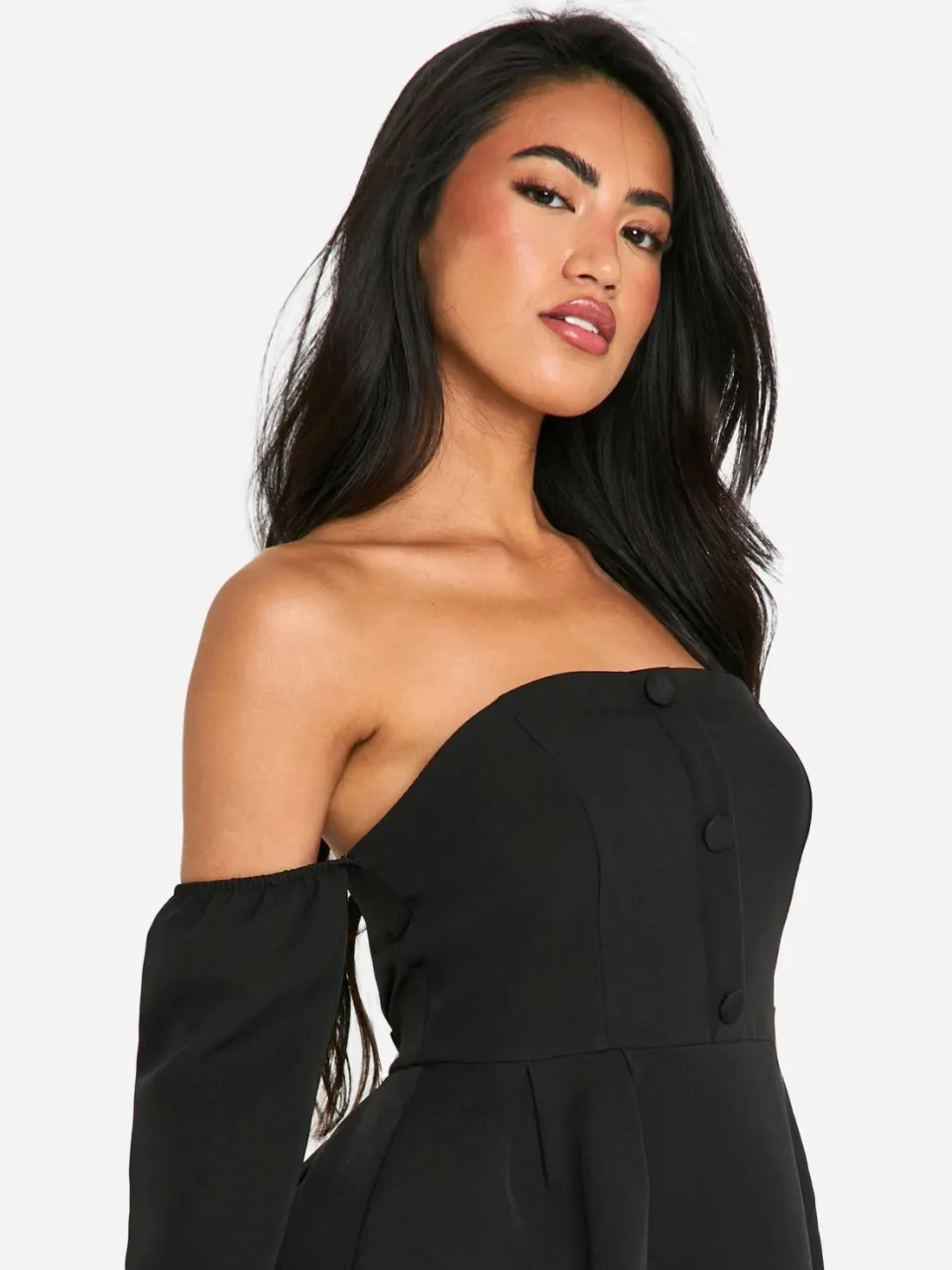 boohoo Dames A-lijn Bardot mini-jurk met lange mouwen zwart, foto 4