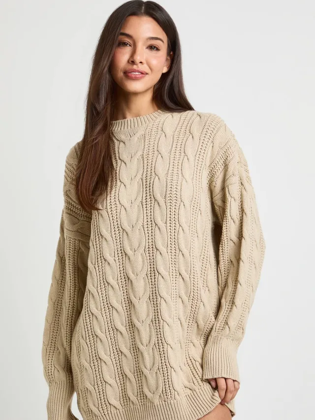boohoo Dames Dikke Kabelgebreide Trui-jurk Steen