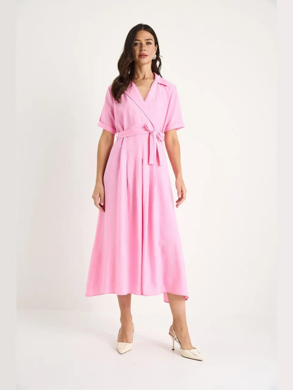 Bianco Lucci Midi-jurk met sjaalkraag en riem roze, foto 2