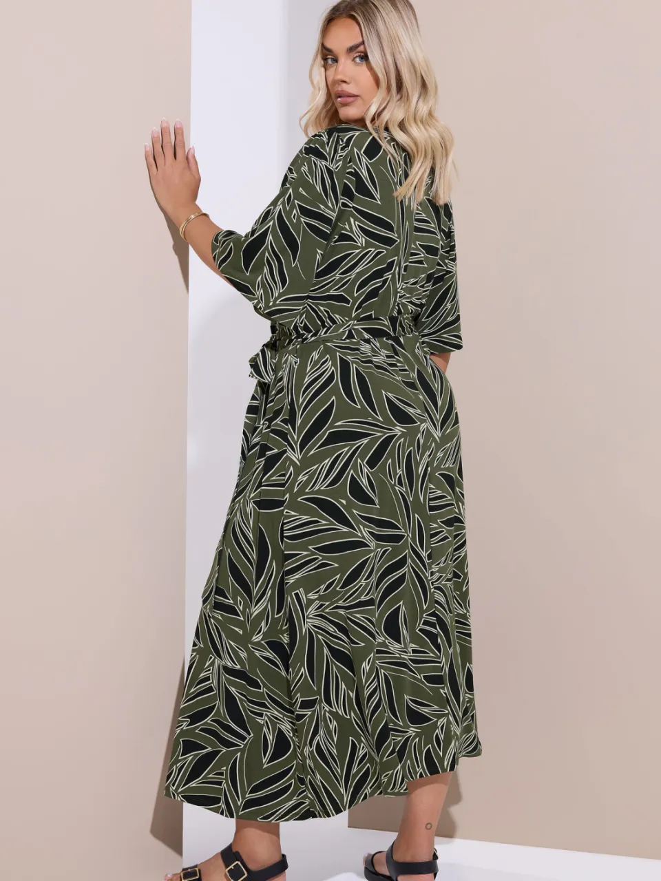 Yours Khaki Groene Blad Wikkel Maxi Jurk, foto 3
