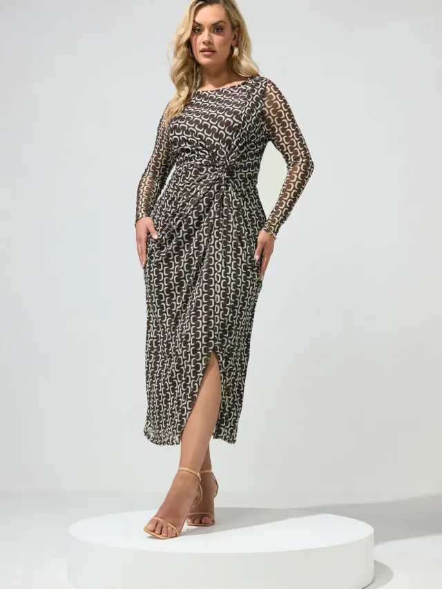 Yours London Chocoladebruine Geometrische Mesh Jurk Met Gedraaide Taille Brown
