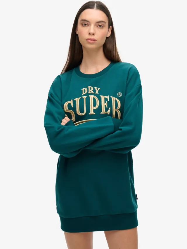 Superdry Luxe sweatjurk met metallic logo - Dames - Jurken deep teal