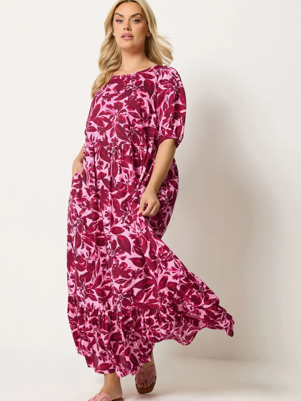 Yours Roze Bloemenprint Smock Maxijurk-56 Pink