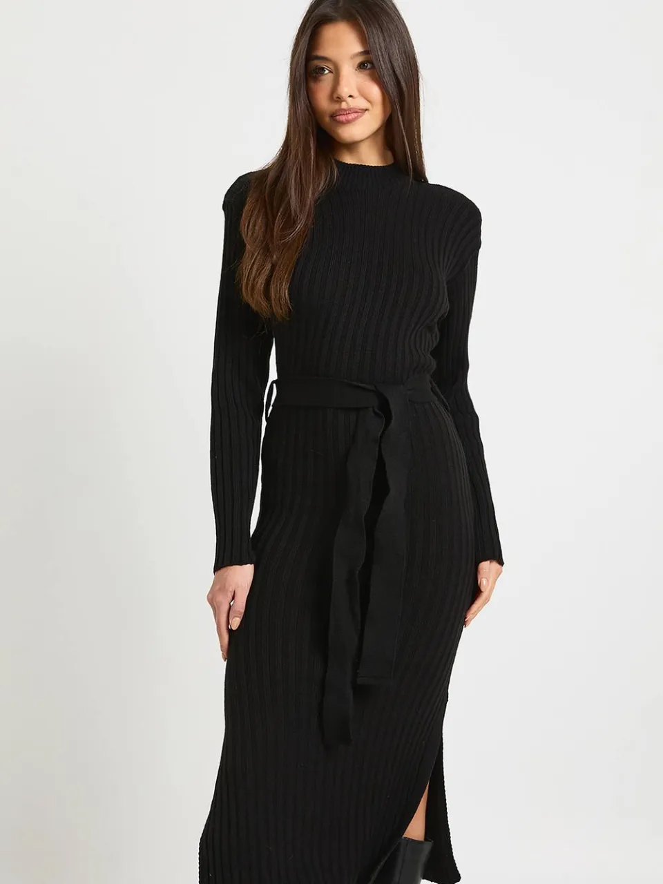 boohoo Dames Rib Knit Tie Waist Midaxi Jurk zwart, foto 3