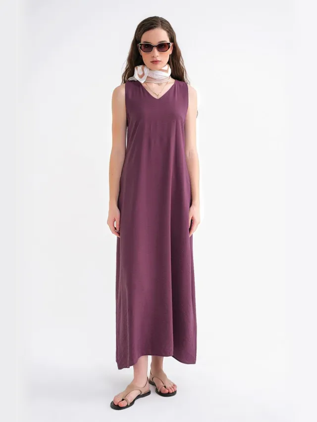 Mixray V-hals Mouwloze Maxi-jurk met Pocketen Bordeauxrood