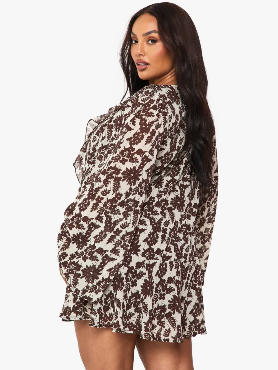 boohoo Dames Plus Florale Ruffle Tie-Front Shiftjurk chocoladebruin, foto 3