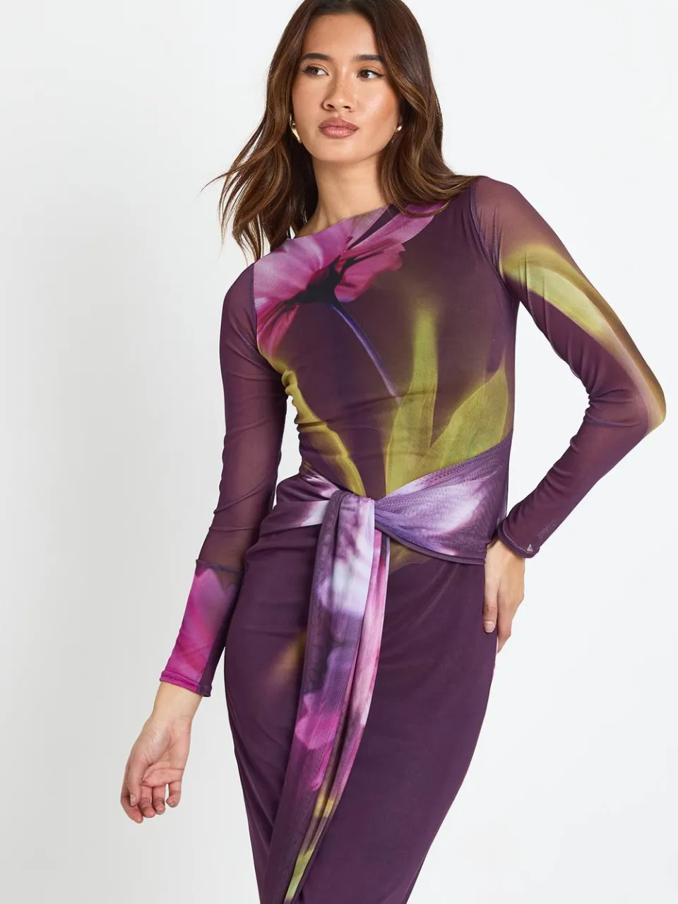 boohoo Dames Maxi-jurk met knoopdetail en lange mouwen pruim, foto 3