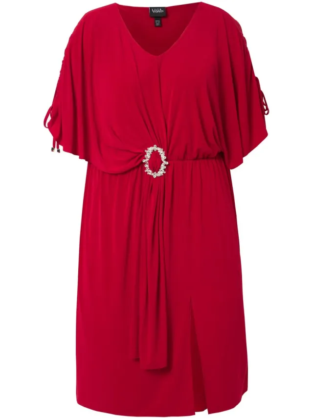 Ulla Popken Dames - Midi-jurk oversized mooie gesp mouwen met rimpelband - Lichtrood - Maat 54+