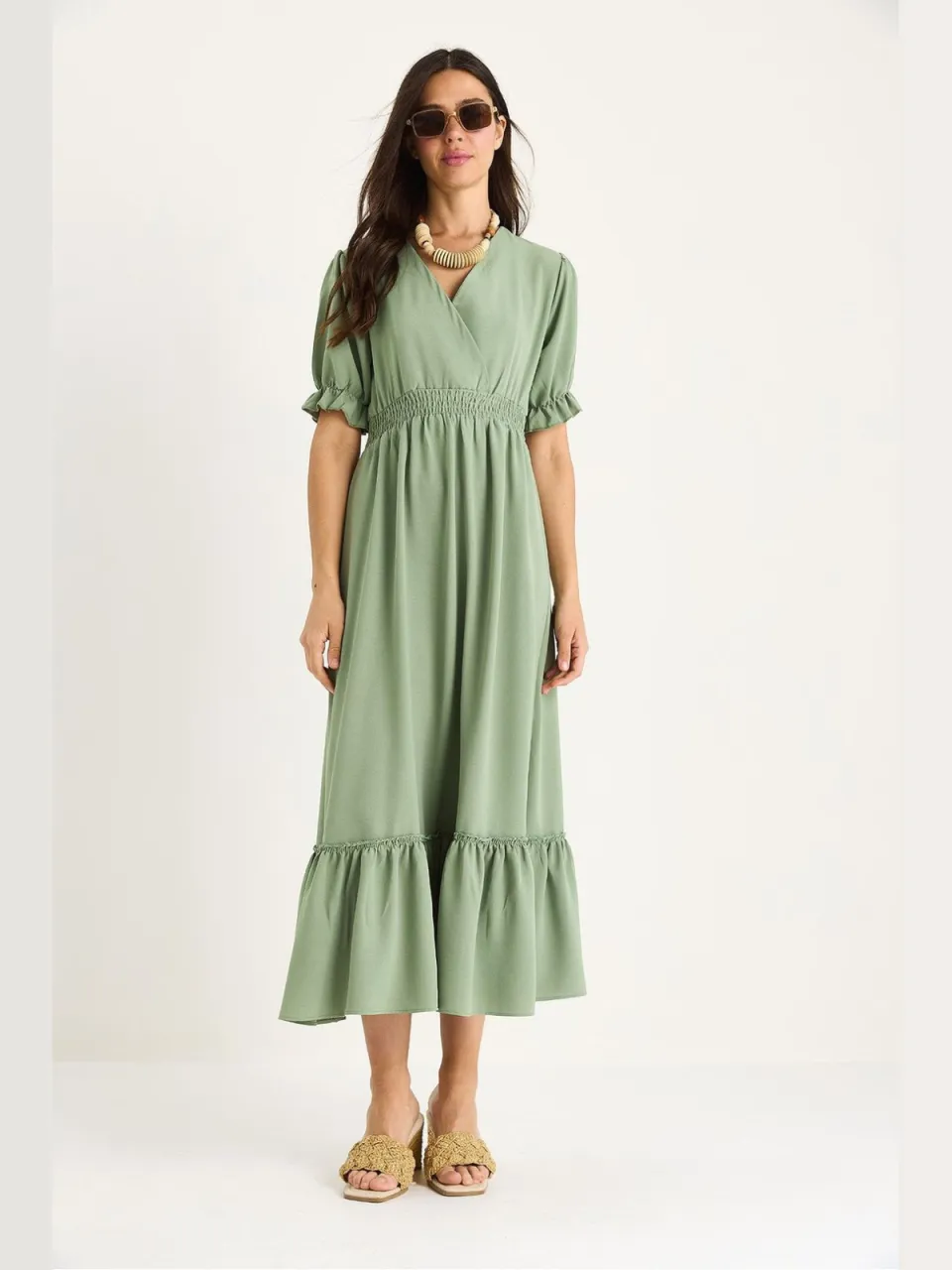 Bianco Lucci V-hals Midi-jurk met Strik saliegroen, foto 2
