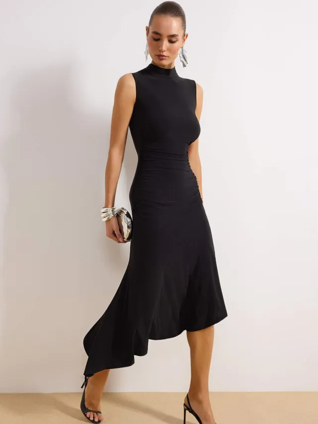 Trendyol TRENDYOLMİLLA Dames Zwart Effen Midi Mouwloos Stijlvol/Avond Asymmetrisch Jurken