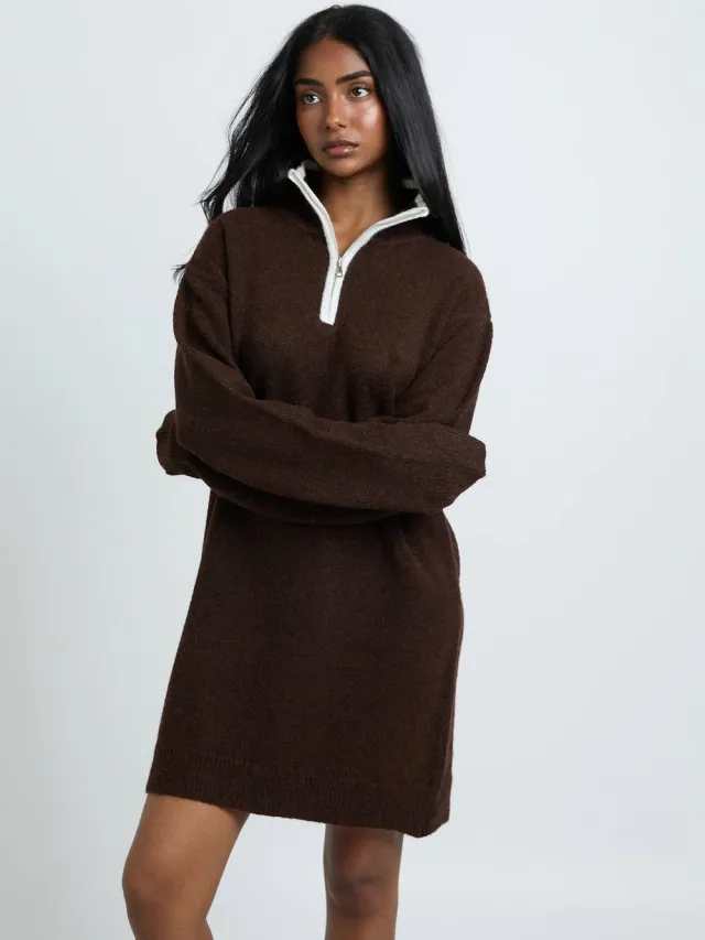 boohoo Dames Gebreide Mini-jurk Met Ritskraag Chocoladebruin