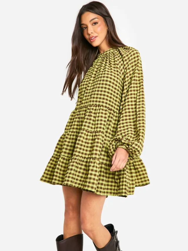 boohoo Dames Textured Check Smock Dress Groente