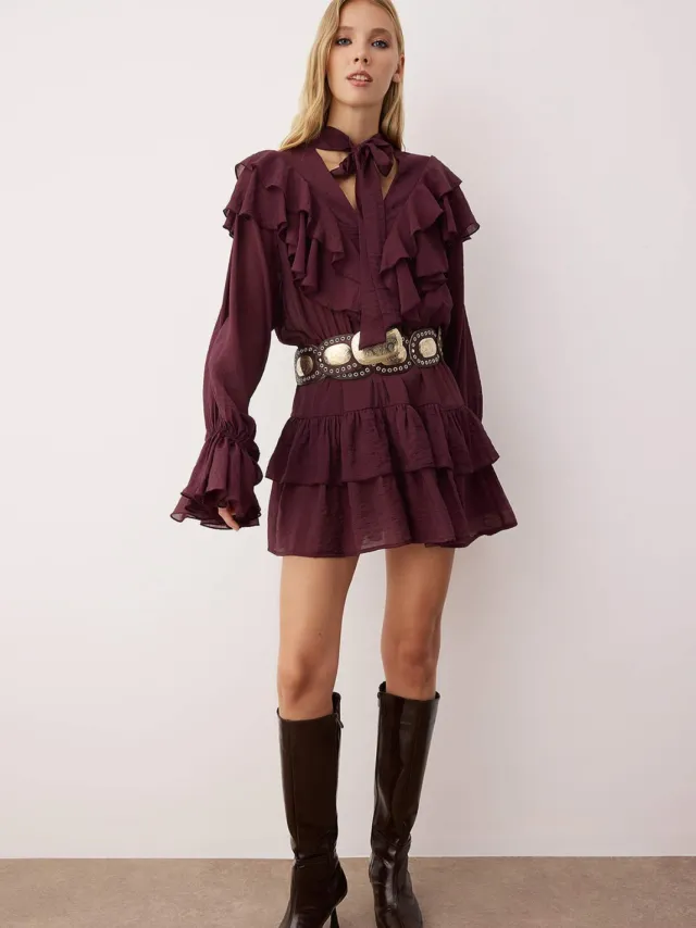 Trendyol TRENDYOLMİLLA Dames Bordeaux Effen Kort / Mini Lang Casual Skater Jurken Bordeauxrood