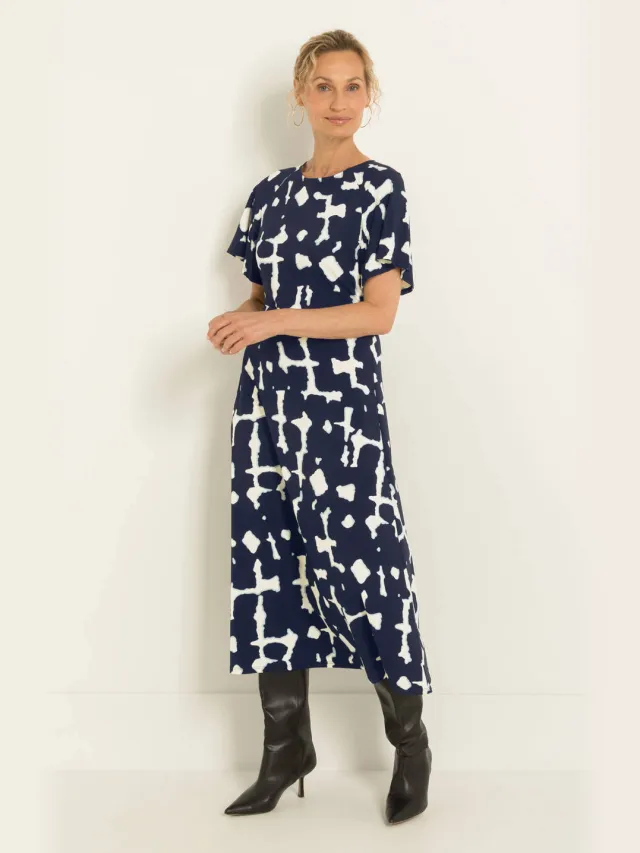 Claudia Sträter CLAUDIA BY CLAUDIA STRÄTER midi jurk met print van travelstof - donkerblauw Donkerblauw/ecru