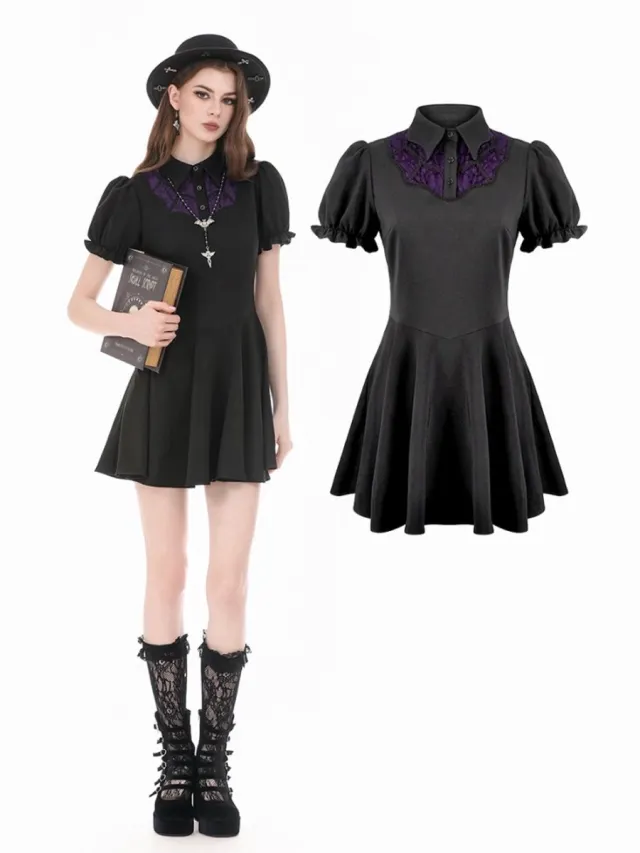 Dark In Love Dark Academic Mesh Lace Patchwork Collar Puff Sleeve Korte jurk - M - Zwart/Paars