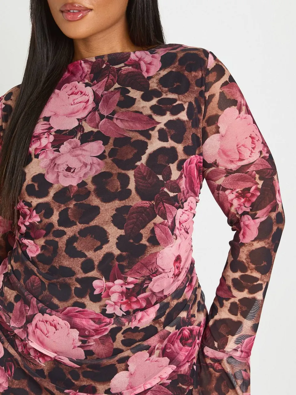 boohoo Dames Plus Luipaard Bloemen Geplooid Mini Shift Jurk luipaardprint, foto 4
