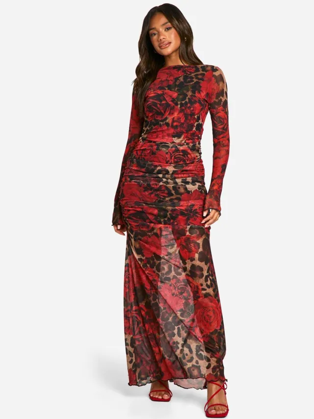 boohoo Dames Gemengd Luipaard Gerafeld Mesh Maxi Jurk Luipaardprint