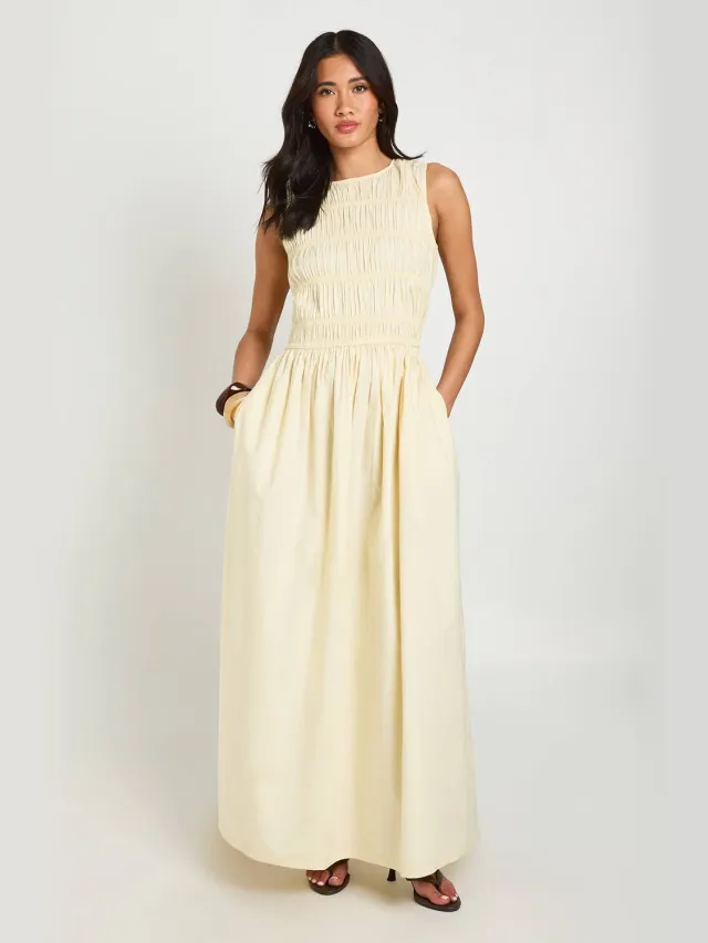 boohoo Dames Katoenen Poplin Gesmockte Maxi Jurk Citroen