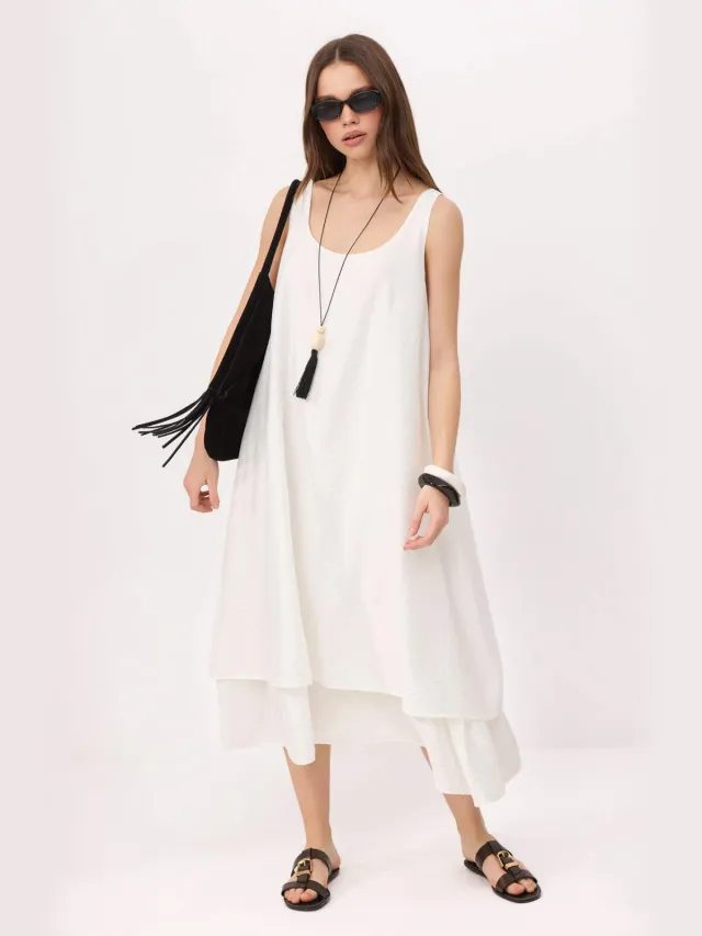 Trendyol TRENDYOLMİLLA Dames Ecru Effen Midi Mouwloos A-lijn Jurken