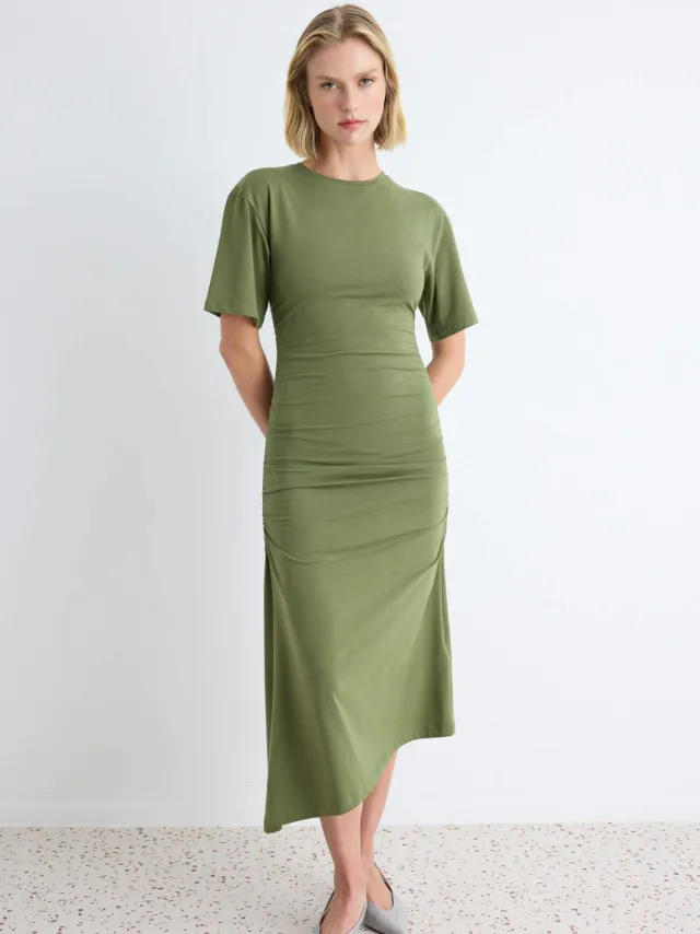 Trendyol TRENDYOLMİLLA Dames Kaki Effen Midi Kort Asymmetrisch Jurken
