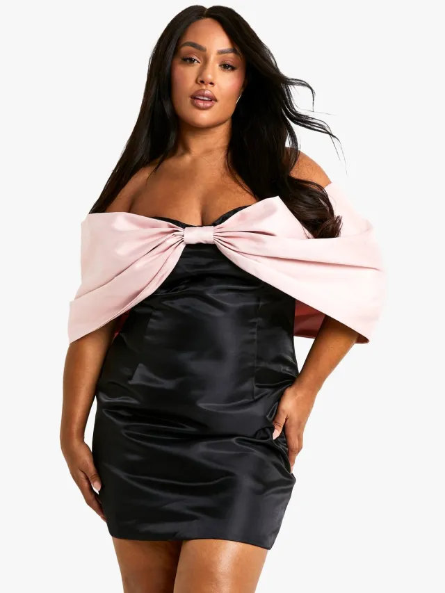 boohoo Dames Plus Taffeta Bandeau Extreme Bow Shift Jurk Zwart