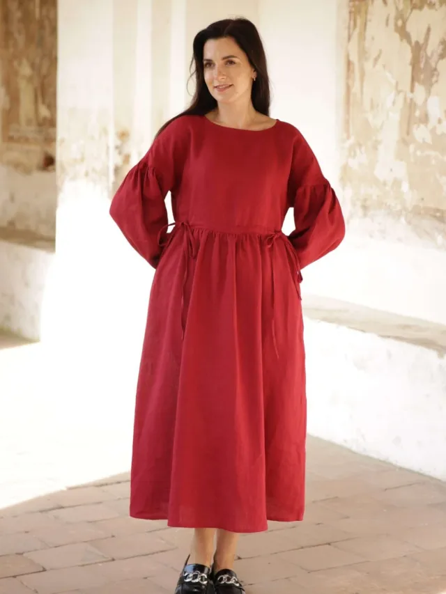 Amber Linen dames vegan Maxi Jurk Verona Rood